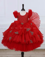 Red Frill Sleeve Gown with Fabric Manipulation and Rose Flower Patches