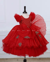 Red Frill Sleeve Gown with Fabric Manipulation and Rose Flower Patches