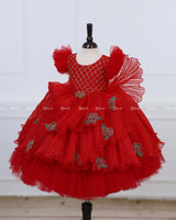Red Frill Sleeve Gown with Fabric Manipulation and Rose Flower Patches