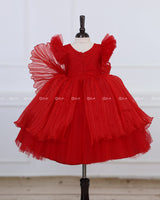 Red Frill Sleeve Gown with Fabric Manipulation and Rose Flower Patches