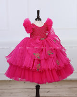 Dark Pink Frill Sleeve Gown with Fabric Manipulation and Rose Flower Patches