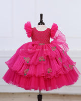 Dark Pink Frill Sleeve Gown with Fabric Manipulation and Rose Flower Patches