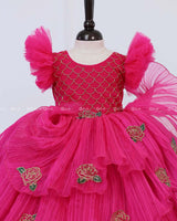 Dark Pink Frill Sleeve Gown with Fabric Manipulation and Rose Flower Patches