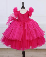 Dark Pink Frill Sleeve Gown with Fabric Manipulation and Rose Flower Patches