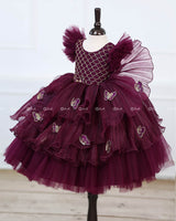 Plum Purple Frill Sleeve Gown with Fabric Manipulation and Butterfly Patches