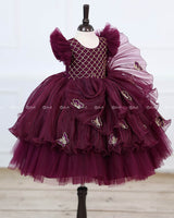 Plum Purple Frill Sleeve Gown with Fabric Manipulation and Butterfly Patches