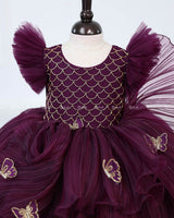 Plum Purple Frill Sleeve Gown with Fabric Manipulation and Butterfly Patches