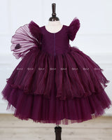 Plum Purple Frill Sleeve Gown with Fabric Manipulation and Butterfly Patches