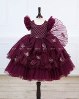 Plum Purple Frill Sleeve Gown with Fabric Manipulation and Butterfly Patches