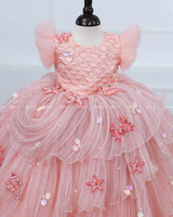 Cotton Candy Frill Sleeve Gown with Fabric Manipulation and Aqua Marine Patches