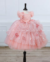 Cotton Candy Frill Sleeve Gown with Fabric Manipulation and Aqua Marine Patches