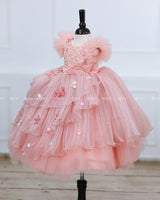 Cotton Candy Frill Sleeve Gown with Fabric Manipulation and Aqua Marine Patches