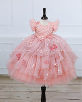 Cotton Candy Frill Sleeve Gown with Fabric Manipulation and Aqua Marine Patches