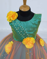 Teal Blue Asymmetrical Frock With Lemon Yellow Flowers