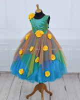 Teal Blue Asymmetrical Frock With Lemon Yellow Flowers