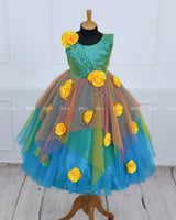 Teal Blue Asymmetrical Frock With Lemon Yellow Flowers