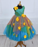 Teal Blue Asymmetrical Frock With Lemon Yellow Flowers