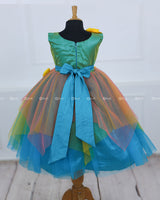 Teal Blue Asymmetrical Frock With Lemon Yellow Flowers