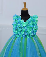 Sky Blue and Green Strips Petal Frock