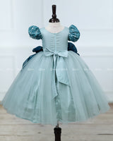 Powder Blue Gown with White Flower Applique Detailing & Teal Green Long Bow