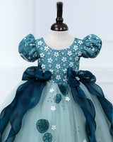Powder Blue Gown with White Flower Applique Detailing & Teal Green Long Bow