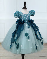 Powder Blue Gown with White Flower Applique Detailing & Teal Green Long Bow