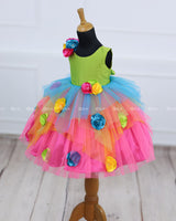 Asymmetrical Vibrant Pink Multi Peacock Flower Frock