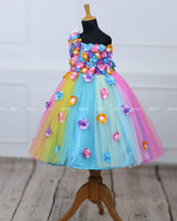 One Shoulder Light Multi Color Flower Frock