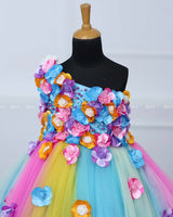 One Shoulder Light Multi Color Flower Frock