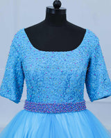 Sky Blue and Lavender Color Gradient Gown with Detachable Belt.