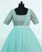 Alia Inspired Aqua Glass Gown with Intricate Handwork