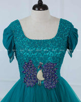 Peacock Green and Peacock Blue Gradient Gown with Cowl Sleeve and Peacock Handwork on Yoke.