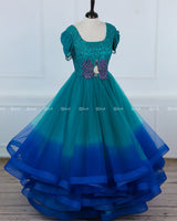 Peacock Green and Peacock Blue Gradient Gown with Cowl Sleeve and Peacock Handwork on Yoke.