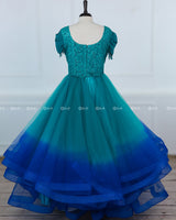 Peacock Green and Peacock Blue Gradient Gown with Cowl Sleeve and Peacock Handwork on Yoke.