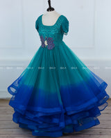 Peacock Green and Peacock Blue Gradient Gown with Cowl Sleeve and Peacock Handwork on Yoke.