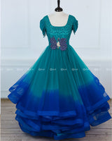 Peacock Green and Peacock Blue Gradient Gown with Cowl Sleeve and Peacock Handwork on Yoke.