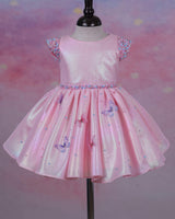 Elegant Baby Pink Frock Highlighted with beads and stones with Handcrafted Multicolour butterflies.