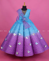 Blue and Lavender Double Shaded Panel Gown with Fabric Manipulated Twirled Detachable Belt
