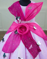 Pink Lavender Rainbow Shimmer Panel Gown with Fabric Manipulated Twirled Detailing.