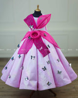 Pink Lavender Rainbow Shimmer Panel Gown with Fabric Manipulated Twirled Detailing.