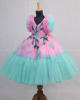 Turquoise and Pink Double Shaded Gown with Handicrafted Flowers and Leaves