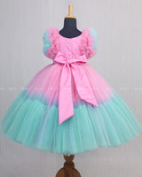 Turquoise and Pink Double Shaded Gown with Handicrafted Flowers and Leaves