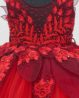 Red and maroon party wear gown with heavy and crafted yoke and petal detailing