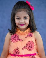 Ombre shaded peach and coral pink short dress with hand crafted cartoon rose embellishment