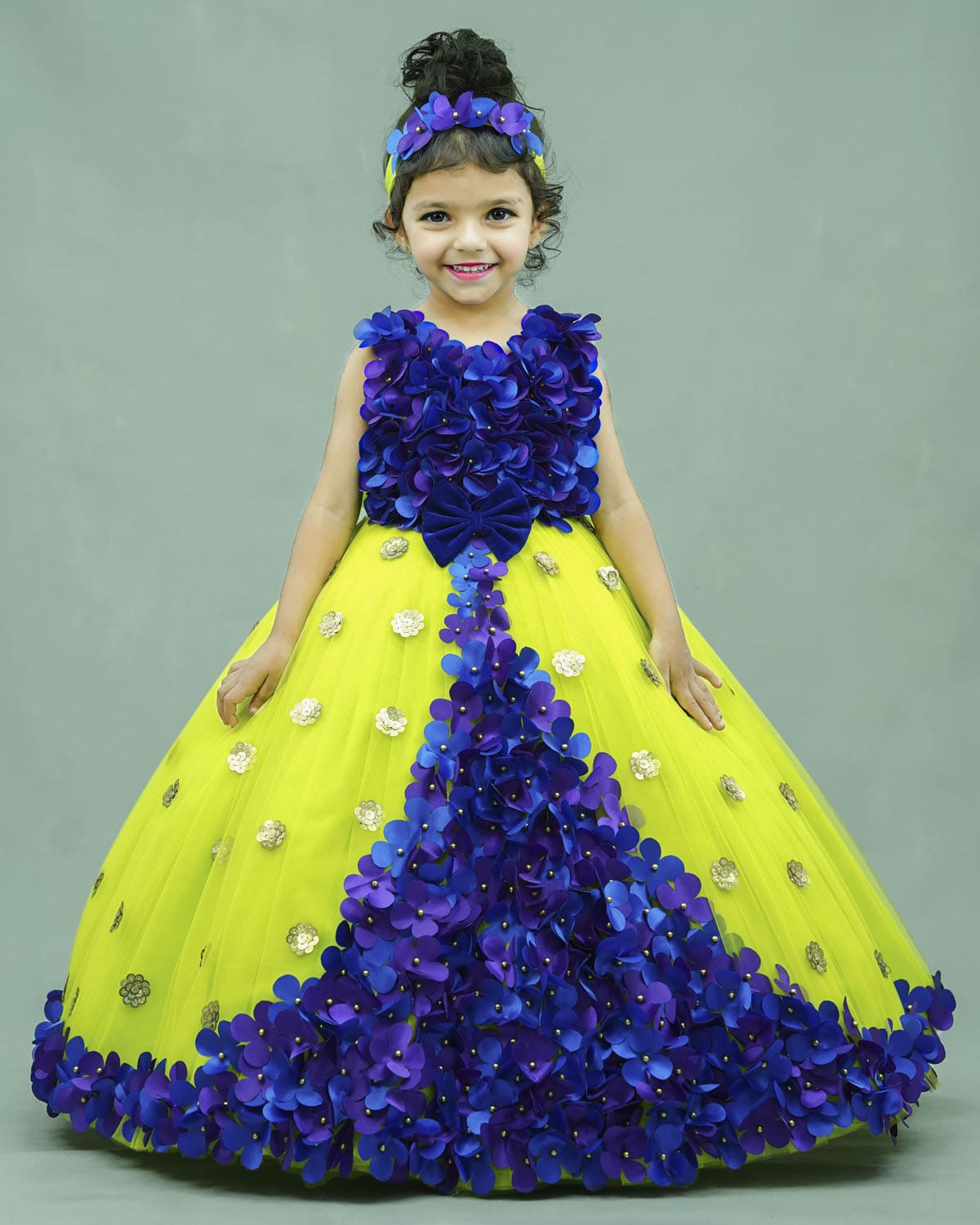 Lime Green Pleated Gown With Rich Blue & Purple Flower Work  www.liandli.in