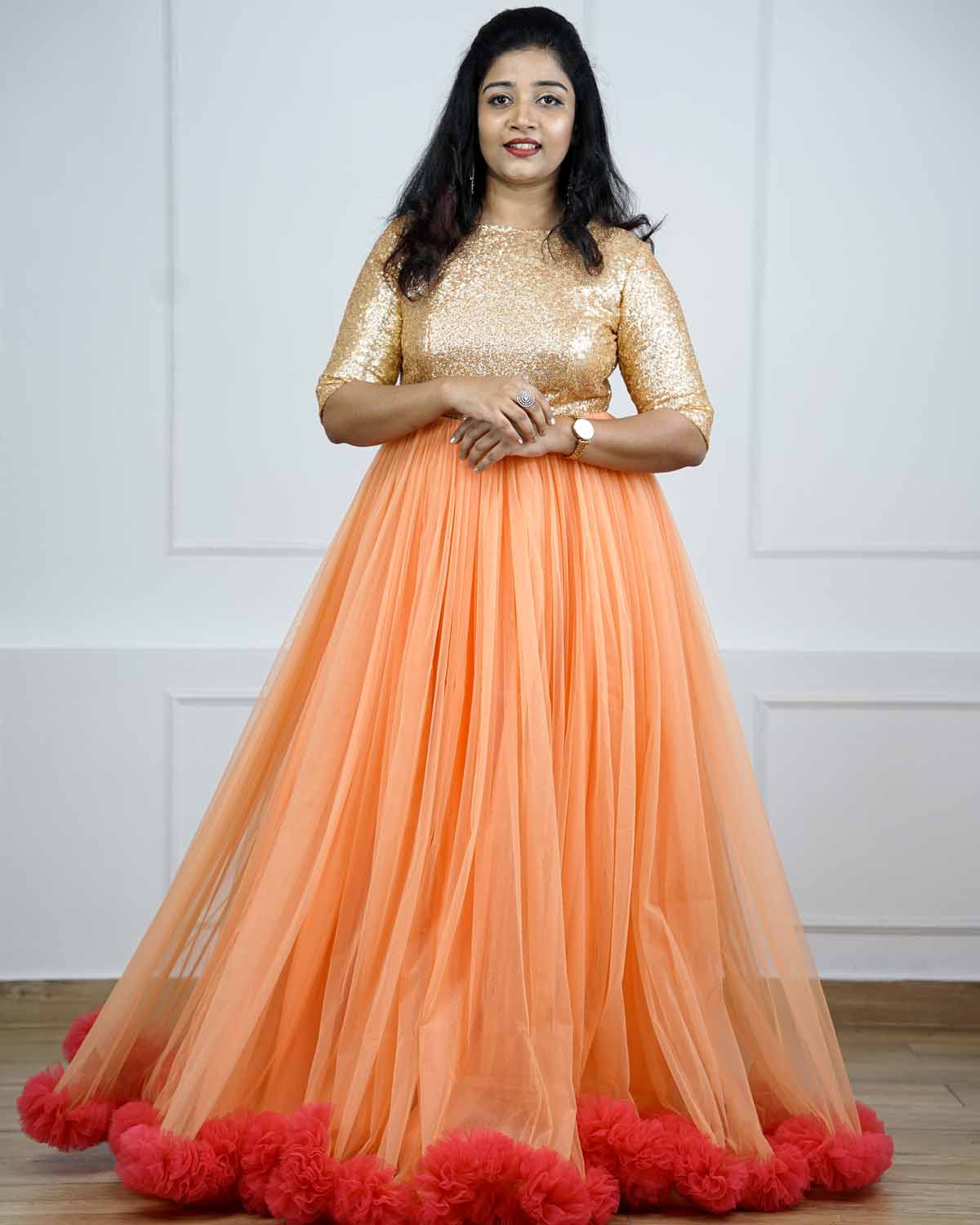 green emerald velvet dress Yellow Semi Stitched Net Long Ethnic Dress main image 1