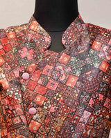 Asymmetrical Printed Overlapped Uneven Jacket And Baby Pink Dhoti