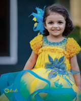 Sunny Refreshing Aqua - Yellow And Sea Blue Ombre Shaded Twirled Party Wear Gown
