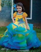 Sunny Refreshing Aqua - Yellow And Sea Blue Ombre Shaded Twirled Party Wear Gown