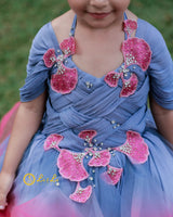 Smokey grey weaves grey lavender and deep pink ombre shaded party wear gown with weave pattern yoke